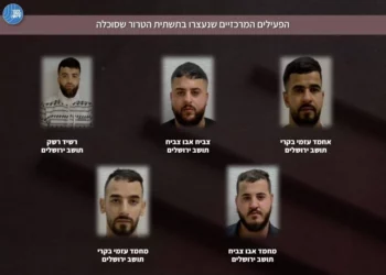 Five Palestinians from Jerusalem who were charged over their involvement in a terror network, in an infographic published by the Shin Bet on September 8. 2026. (Shin Bet)
