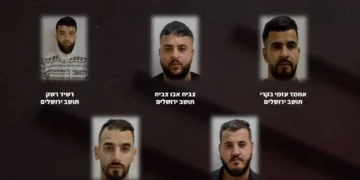Five Palestinians from Jerusalem who were charged over their involvement in a terror network, in an infographic published by the Shin Bet on September 8. 2026. (Shin Bet)