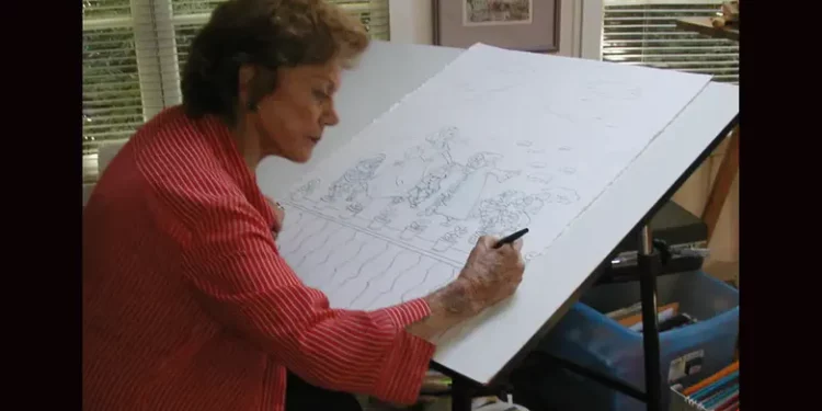 Dina Babbitt en 2006 recreando el mural de Blancanieves que pintó en Auschwitz.