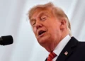 US President Donald Trump delivers remarks to US embassy staff at Deerfield Residence in Dublin, September 12, 2026. (AP Photo/Julia Demaree Nikhinson)