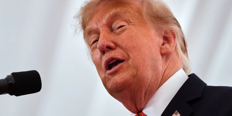 US President Donald Trump delivers remarks to US embassy staff at Deerfield Residence in Dublin, September 12, 2026. (AP Photo/Julia Demaree Nikhinson)