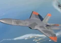 A rendering of a 5GAT drone dueling with an F-35 Joint Strike Fighter. The drone appears to have released countermeasure flares to help evade an AIM-9X Sidewinder missile fired by the F-35.