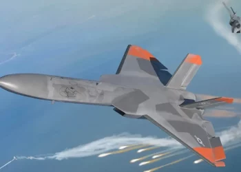 A rendering of a 5GAT drone dueling with an F-35 Joint Strike Fighter. The drone appears to have released countermeasure flares to help evade an AIM-9X Sidewinder missile fired by the F-35.
