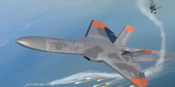 A rendering of a 5GAT drone dueling with an F-35 Joint Strike Fighter. The drone appears to have released countermeasure flares to help evade an AIM-9X Sidewinder missile fired by the F-35.