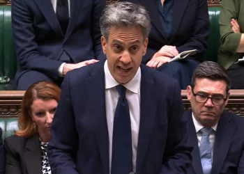 In this video grab taken from footage broadcast by the UK Parliamentary Recording Unit (PRU) via the Parliament TV website in the House of Commons on September 8, 2026, Britain’s Foreign Secretary Ed Miliband delivers a speech on an import ban of goods from West Bank settlements. (PRU/AFP)