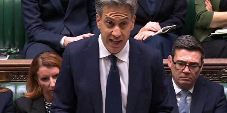 In this video grab taken from footage broadcast by the UK Parliamentary Recording Unit (PRU) via the Parliament TV website in the House of Commons on September 8, 2026, Britain’s Foreign Secretary Ed Miliband delivers a speech on an import ban of goods from West Bank settlements. (PRU/AFP)