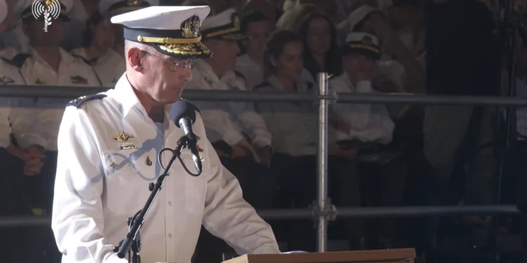 Israeli Navy chief Vice Adm. Eyal Harel speaks at an officers' graduation ceremony at the Haifa Naval Base, September 8, 2026. (Screenshot: Israel Defense Forces)