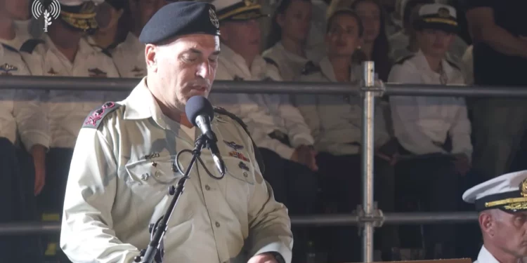 IDF Chief of Staff Lt. Gen. Eyal Zamir speaks at a Navy officers' graduation ceremony at the Haifa Naval Base, September 8, 2026. (Screenshot: Israel Defense Forces)