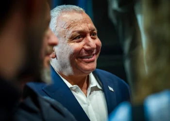 Gadi Eisenkot, leader of the Yashar party, at a campaign rally in Haifa, September 23, 2026. (Sharon Leibel/Flash90)