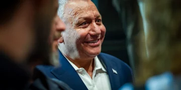 Gadi Eisenkot, leader of the Yashar party, at a campaign rally in Haifa, September 23, 2026. (Sharon Leibel/Flash90)