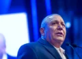 Yashar party chair Gadi Eisenkot attends the presentation of the party’s candidate list ahead of the upcoming general elections in Rosh HaAyin, September 7, 2026. (Chaim Goldberg/Flash90)