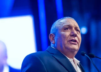 Yashar party chair Gadi Eisenkot attends the presentation of the party’s candidate list ahead of the upcoming general elections in Rosh HaAyin, September 7, 2026. (Chaim Goldberg/Flash90)