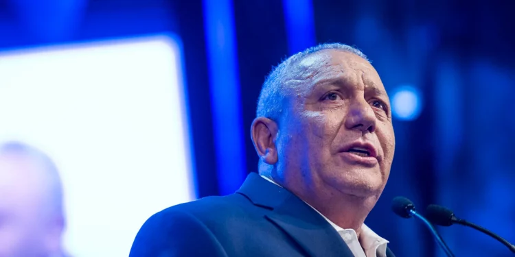 Yashar party chair Gadi Eisenkot attends the presentation of the party’s candidate list ahead of the upcoming general elections in Rosh HaAyin, September 7, 2026. (Chaim Goldberg/Flash90)