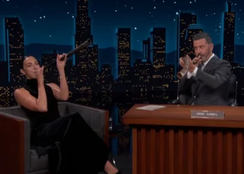 Gal Gadot and Jimmy Kimmel blow shofars on the latter's late night talk show on September 10, 2026. (Screen capture/X)
