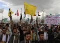 Houthi supporters attend a rally against the Saudi-led coalition in Sanaa, Yemen, July 31, 2026. (AP Photo/Osamah Abdulrahman)