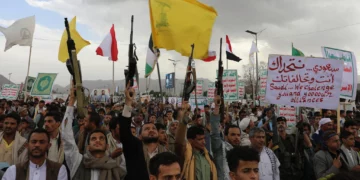 Houthi supporters attend a rally against the Saudi-led coalition in Sanaa, Yemen, July 31, 2026. (AP Photo/Osamah Abdulrahman)