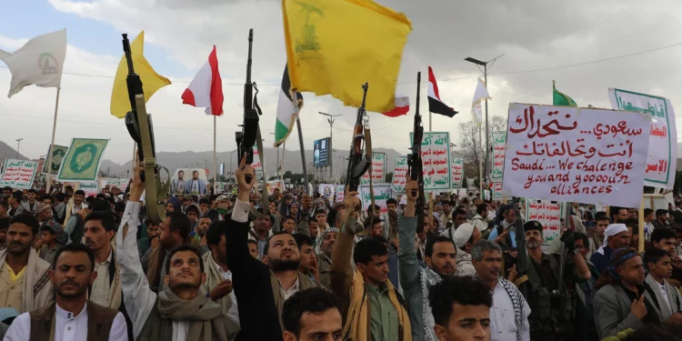 Houthi supporters attend a rally against the Saudi-led coalition in Sanaa, Yemen, July 31, 2026. (AP Photo/Osamah Abdulrahman)