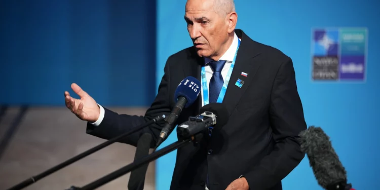 Slovenia’s Prime Minister Janez Jansa speaks as he arrives for the NATO summit in Ankara, Turkey, July 8, 2026. (AP Photo/Emrah Gurel)