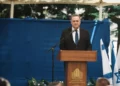 El ministro de Defensa, Israel Katz, habla durante un brindis por Rosh Hashaná en el Ministerio de Defensa en Tel Aviv el 3 de septiembre de 2026.