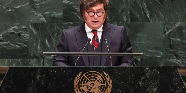 El presidente de Argentina, Javier Milei, habla durante la 81.ª sesión de la Asamblea General de las Naciones Unidas el 23 de septiembre de 2026.