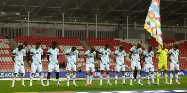 Ireland's soccer players bow their heads as the Israeli national anthem plays before their UEFA Nations League match in Debrecen, Hungary, September 27, 2026. (Bernadett Szabo/Reuters)