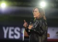 Former US vice president Kamala Harris speaks during a campaign event on Proposition 50, November 1, 2025, in Los Angeles. (AP/Ethan Swope)