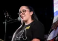 Freed former hostage Liri Albag speaks during a rally calling for the release of hostages held by Hamas terrorists in Gaza, at Hostages Square in Tel Aviv, June 28, 2025. (Avshalom Sassoni/Flash90)