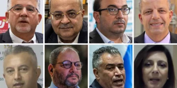 The first eight candidates on the Joint List's election slate: Top row (left to right): Yousef Jabareen, Ahmad Tibi, Sami Abou Shahadeh, Faten Ghattas. Bottom row: Bakr Awawdeh, Ofer Cassif, Youssef Atauna, Maha Karkabi Sabbah. (Menahem Kahana / AFP, Yonatan Sindel/Flash90, Chaim Goldberg/Flash90, Courtesy of Israeli Communist Party, Screenshots)