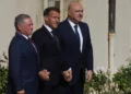 French President Emmanuel Macron, center, Jordan’s King Abdullah II, left, and Lebanese President Joseph Aoun pose before a meeting at the Hotel des Invalides in Paris, September 17, 2026. (Thibault Camus/AP)