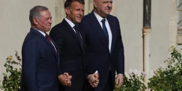 French President Emmanuel Macron, center, Jordan’s King Abdullah II, left, and Lebanese President Joseph Aoun pose before a meeting at the Hotel des Invalides in Paris, September 17, 2026. (Thibault Camus/AP)