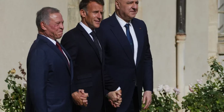 French President Emmanuel Macron, center, Jordan’s King Abdullah II, left, and Lebanese President Joseph Aoun pose before a meeting at the Hotel des Invalides in Paris, September 17, 2026. (Thibault Camus/AP)