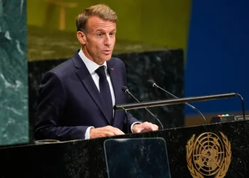 France’s President Emmanuel Macron speaks during the 81st session of the United Nations General Assembly at United Nations headquarters, September 22, 2026. (AP/Yuki Iwamura)