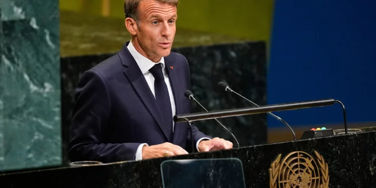 France’s President Emmanuel Macron speaks during the 81st session of the United Nations General Assembly at United Nations headquarters, September 22, 2026. (AP/Yuki Iwamura)