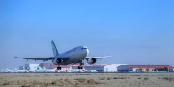 Illustrative: an Iranian Mahan Air plane lands at the Tehran's Imam Khomeini International Airport, February 4, 2021. (Saeed Kaari/IKAC via AP)