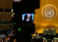 Palestinian Authority President Mahmoud Abbas speaks via pre-recorded video after being denied a visa to attend in person during the 81st session of the United Nations General Assembly at United Nations headquarters, September 24, 2026. (AP Photo/Seth Wenig)
