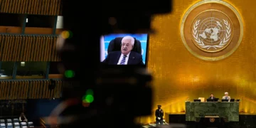 Palestinian Authority President Mahmoud Abbas speaks via pre-recorded video after being denied a visa to attend in person during the 81st session of the United Nations General Assembly at United Nations headquarters, September 24, 2026. (AP Photo/Seth Wenig)