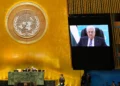 Palestinian Authority President Mahmoud Abbas speaks via pre-recorded video after being denied a visa to attend in person during the 81st session of the United Nations General Assembly at United Nations headquarters, September 24, 2026. (AP Photo/Seth Wenig)