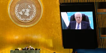 Palestinian Authority President Mahmoud Abbas speaks via pre-recorded video after being denied a visa to attend in person during the 81st session of the United Nations General Assembly at United Nations headquarters, September 24, 2026. (AP Photo/Seth Wenig)