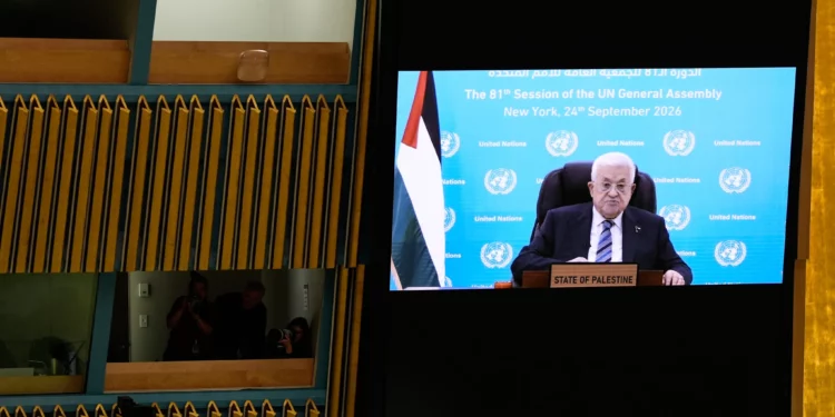 El presidente de la Autoridad Palestina, Mahmoud Abbas, habla por video pregrabado durante la 81.ª sesión de la Asamblea General de la ONU, el 24 de septiembre de 2026.