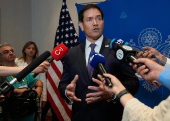US Secretary of State Marco Rubio meets with reporters in Barranquilla, Colombia, September 8, 2026. (AP Photo/Fernando Vergara, Pool)