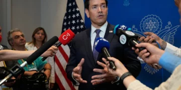 US Secretary of State Marco Rubio meets with reporters in Barranquilla, Colombia, September 8, 2026. (AP Photo/Fernando Vergara, Pool)