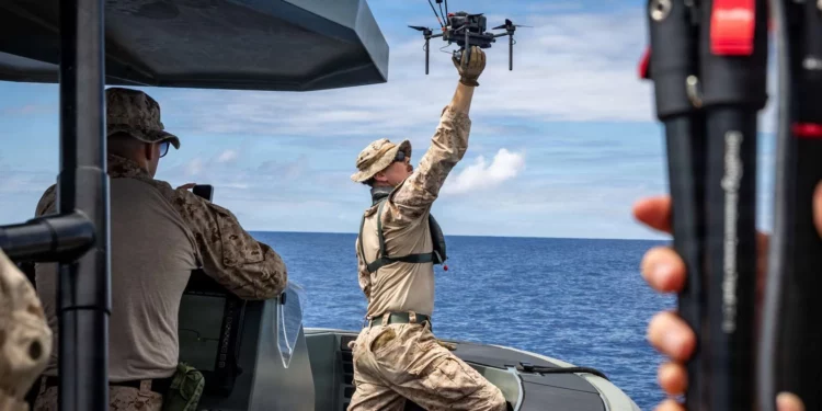 U.S. Marines tested a Neros Archer FPV attack drone launched from a reconnaissance boat off Okinawa, exploring mobile sea-based drone operations for future littoral missions (Picture Source: USMC)