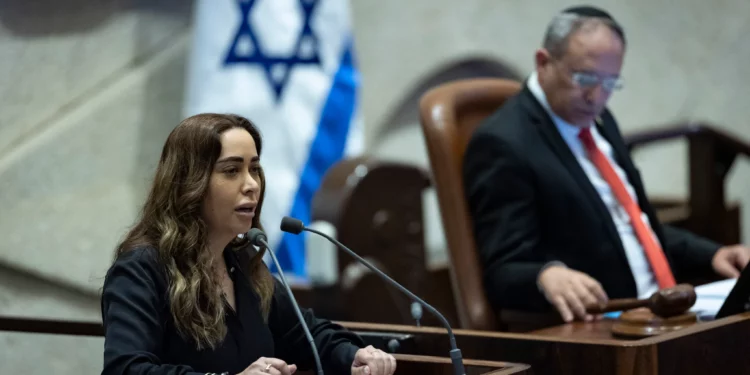 May Golan, Minister for Social Equality and the Advancement of the Status of Women, speaks during a plenum session at the assembly hall of the Knesset in Jerusalem, May 20, 2026. (Yonatan Sindel/Flash90)