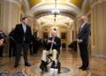 El senador estadounidense Mitch McConnell, republicano de Kentucky, habla con periodistas en el Capitolio de Estados Unidos el 14 de septiembre de 2026 en Washington.