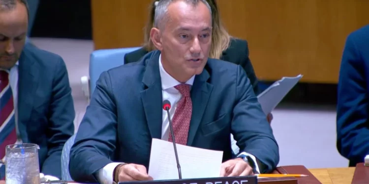 The Board of Peace's High Representative for Gaza Nickolay Mladenov briefs the UN Security Council in New York on August 26, 2026. (Screen capture)