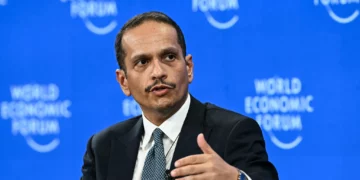 Qatar's Prime Minister and Minister for Foreign Affairs Sheikh Mohammed bin Abdulrahman Al-Thani speaks during the World Economic Forum annual meeting in Davos on January 20, 2026. (Fabrice COFFRINI / AFP)