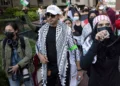 Mohsen Mahdawi, center, looks on during a pro-Palestinian protest at Columbia University, October 12, 2023, in New York. (AP/Yuki Iwamura, File)