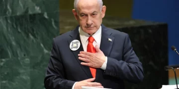 Prime Minister Benjamin Netanyahu speaks during the General Debate of the United Nations General Assembly at UN headquarters in New York City on September 26, 2025. (Photo by ANGELA WEISS / AFP)