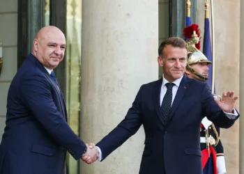 France’s President Emmanuel Macron (R) welcomes Lebanon’s President Joseph Aoun ahead of their meeting at the Elysee Palace in Paris on September 17, 2026. (Thomas SAMSON/AFP)