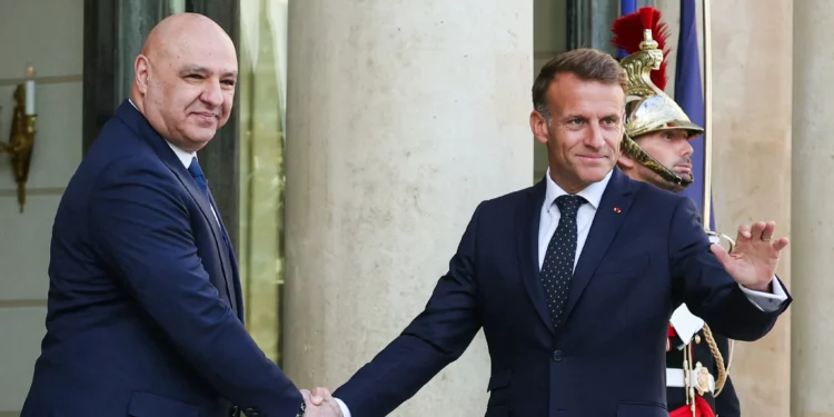 France’s President Emmanuel Macron (R) welcomes Lebanon’s President Joseph Aoun ahead of their meeting at the Elysee Palace in Paris on September 17, 2026. (Thomas SAMSON/AFP)